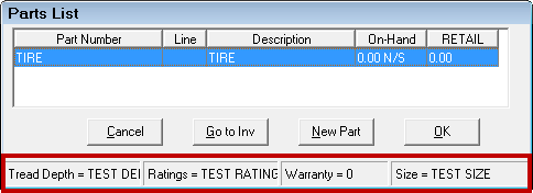 Tire Information for a part displayed at the bottom of the Parts List window.