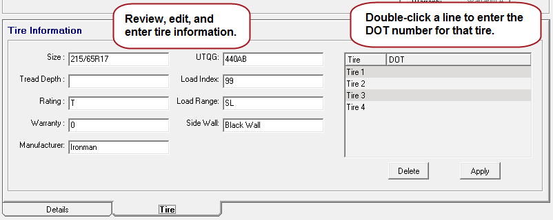 the Tire tab with the information fields and the DOT area.