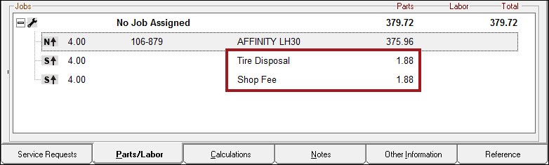 Tires in the jobs section of the parts/labor tab with the taxes and fees circled.