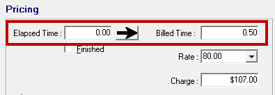 The Billed Time field with a value after clicking the arrow from the Elapsed Time field.