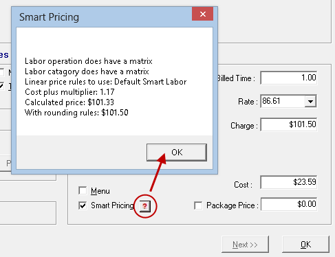 The Smart Pricing button pointing to the calculation pop up window that it opens.