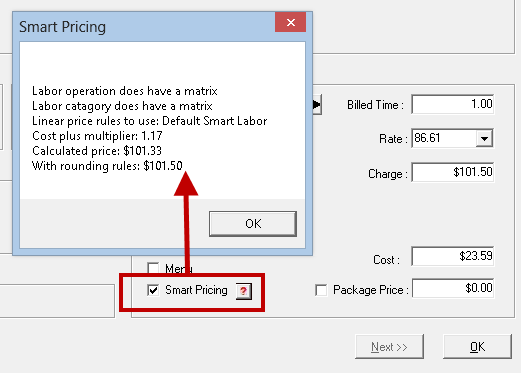 The selected Smart Pricing button pointing to the Smart Pricing calculation window that opens.