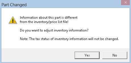 The prompt asking if you want to update the inventory record of the part.