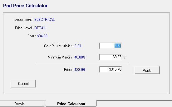 The Price Calculator tab on the Editing Parts window.