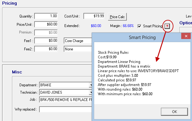 The Smart Pricing button pointing to the popup window showing the calculations.