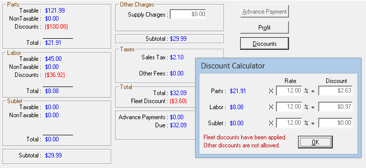 The Discount Calculator showing the fleet discounts.