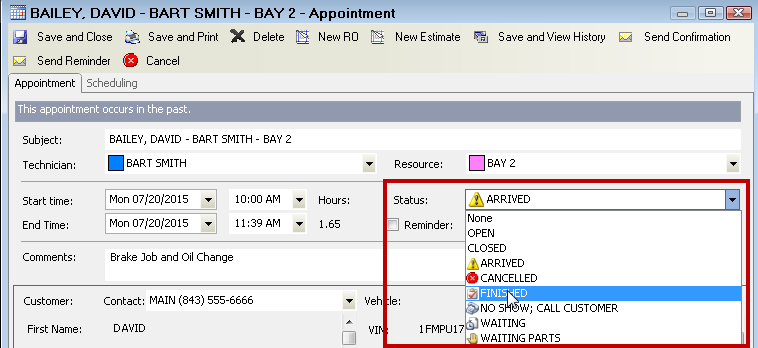 the Status dropdown list expanded on the Appointments window.