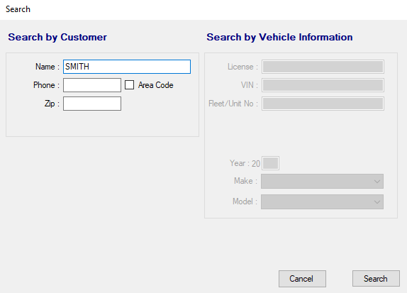 The Search window with a customer name entered. 