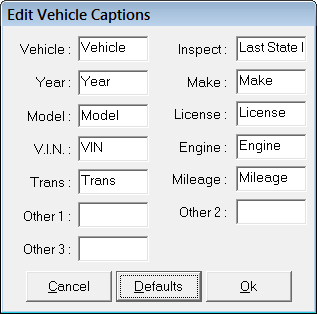 The default names for the fields on the Edit Vehicle Captions window.