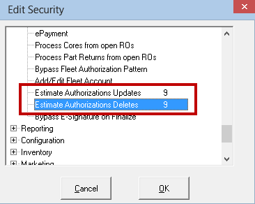 The estimate authorization security levels in configuration.