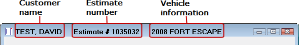The title bar of the estimate window with the customer name, estimate number, and vehicle information labeled.