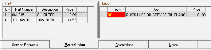 The Jobs section of the Parts/Labor tab showing parts and labor in the non-job-based view.