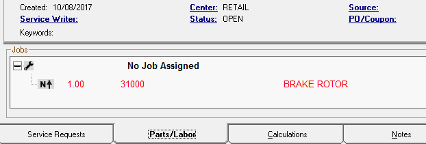 No keyword links displaying because no part or labor is selected in the Jobs section.