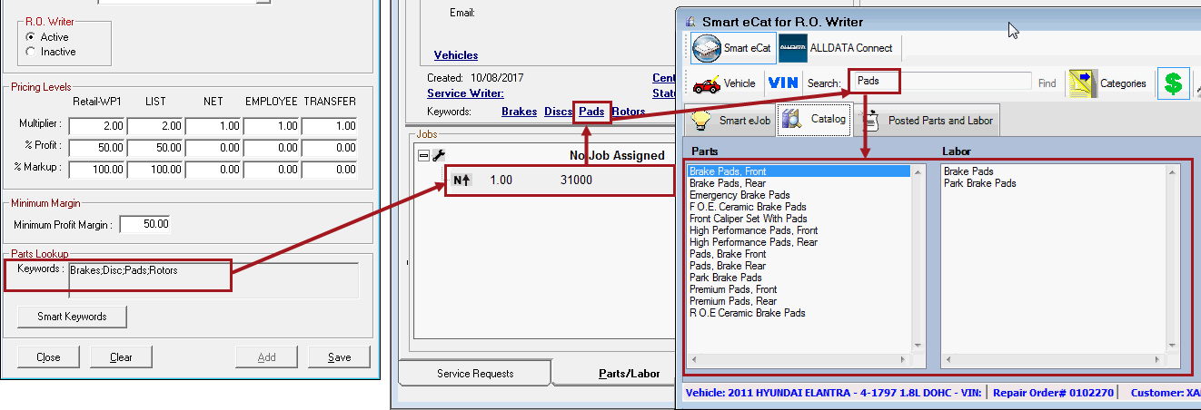 Keywords in the Parts Department pointing to the same keywords on the Parts/ Labor tab pointing to the keyword search results in Smart eCat.