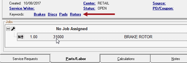 Keyword links in the information section when a part is selected in the jobs section.