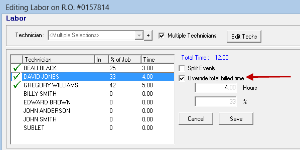 The Multiple technicians area with the Override total billed time box checked.