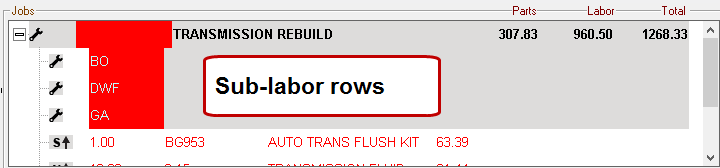 Sub-labor rows in the Jobs section of the Parts/Labor tab.