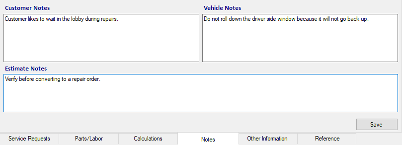 The Notes tab with customer, vehicle, and notes.