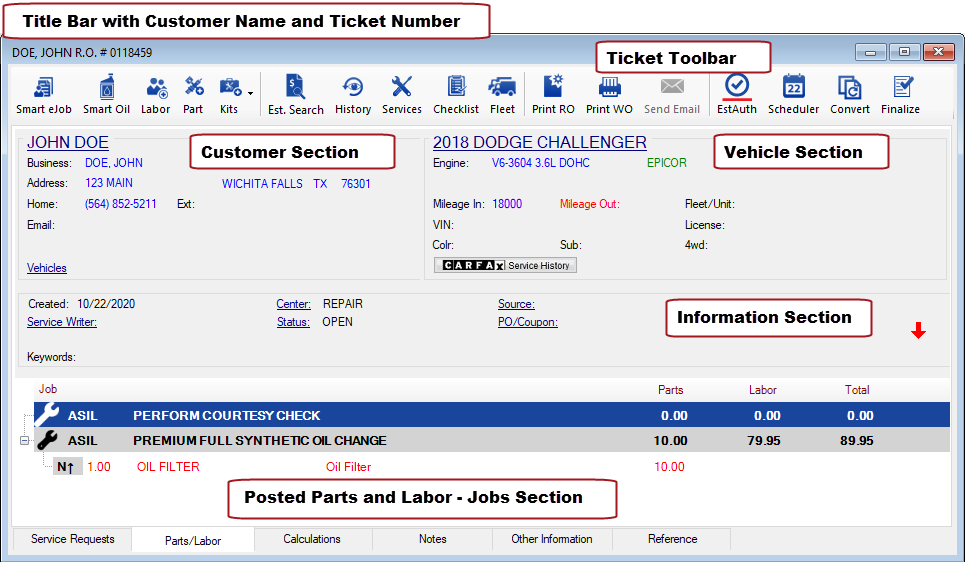 The Parts/Labor tab with text labels on each part of the window.