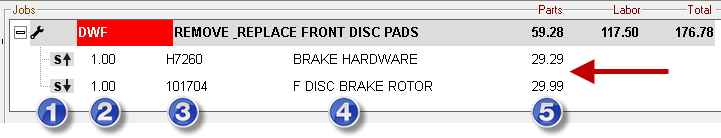 A part line on the Parts/Labor tab. with numbers over specific areas.
