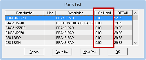 The Parts List with the On-Hand column circled.