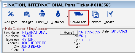The Ship To Add button in the toolbar of the parts only ticket window.
