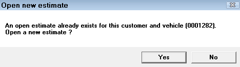 The prompt notifying you that an open estimate already exists for this customer followed by the estimate number.