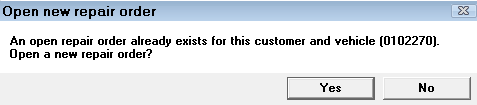 The prompt notifying you that an open repair order already exists for this customer followed by the estimate number.