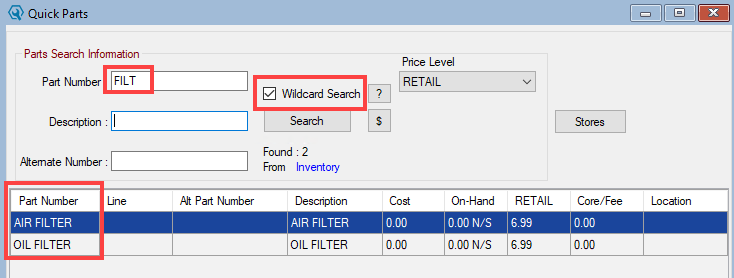 Search results for a part number with the wildcard search box checked. 