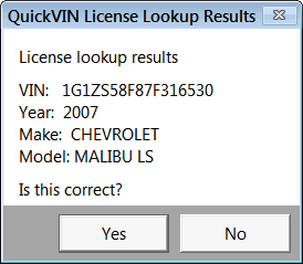 The QuickVIN Licence Lookup results popup window.