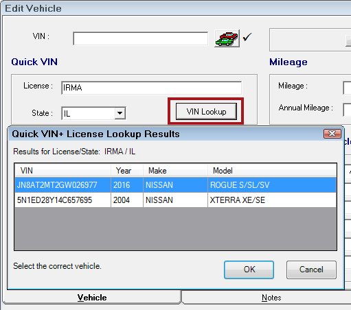 The Quick VIN Plus license lookup results window showing two vehicles for the same VIN.