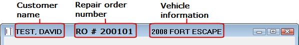 The title bar of the repair order window with the customer name, repair order number, and vehicle information labeled.