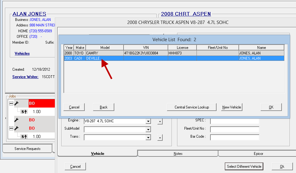 The Vehicle List showing all vehicle associated with the customer.
