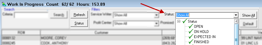 The toolbar of the WIP window with the Status dropdown list expanded.