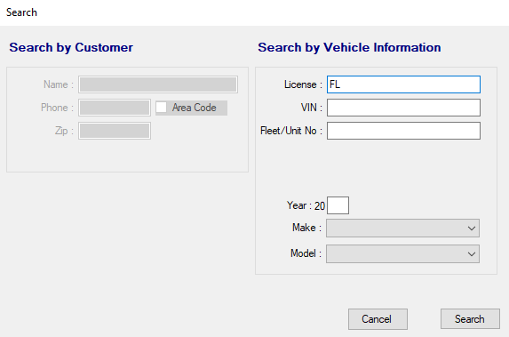 The Search window with search criteria entered in the vehicle information section.