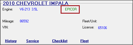 The green EPICOR label in the vehicle section of the Parts/Labor tab.