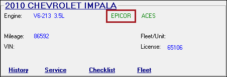 The vehicle section of the Parts/Labor tab showing the valid for Epicor label.