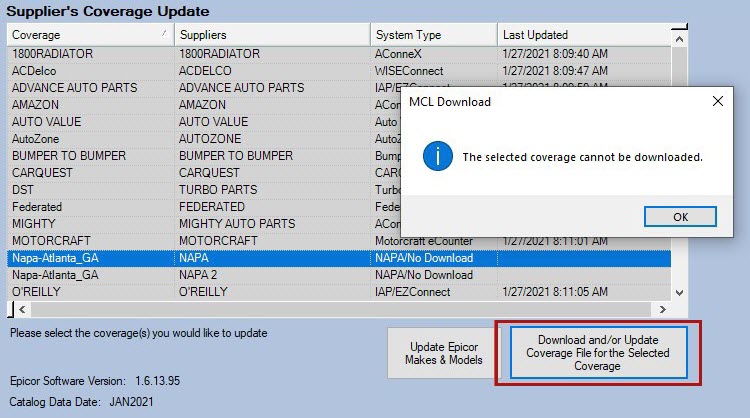 The MCL download message in Update Coverages notifying you that the NAPA coverage cannot be downloaded. 