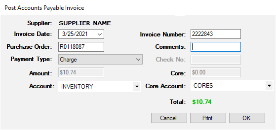 The post accounts payable invoice window for an order.