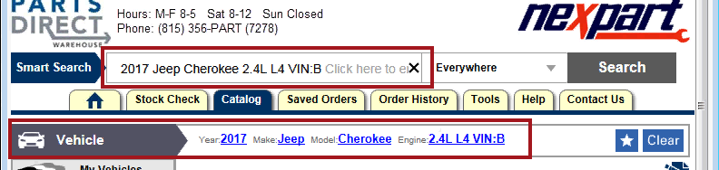 the catalog window showing the vehicle information selected on the ACES Vehicle Selector window.