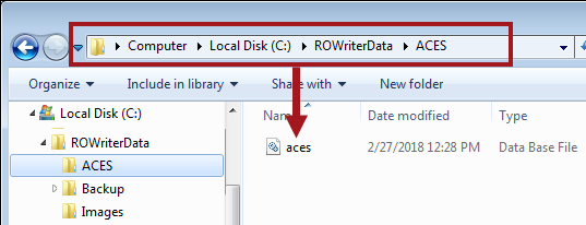 The location of the ACES database in Windows Explorer.