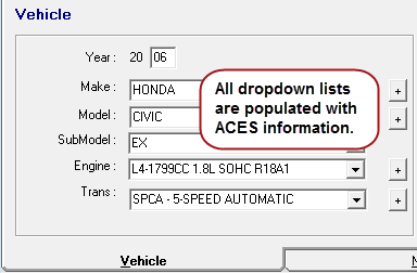 The aces vehicle fields populated with aces vehicle information.