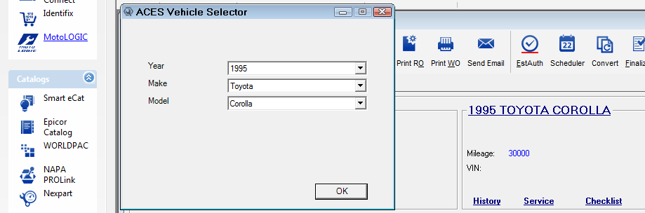 The ACES Vehicle Selector appearing when MotoLOGIC is accessed from a ticket with no valid ACES information.