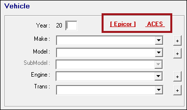 The vehicle section of the vehicle tab with the Epicor and ACES links circled.