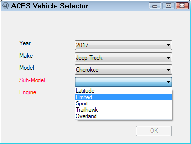 The ACES Vehicle Selector window with the sub-model dropdown list expanded.