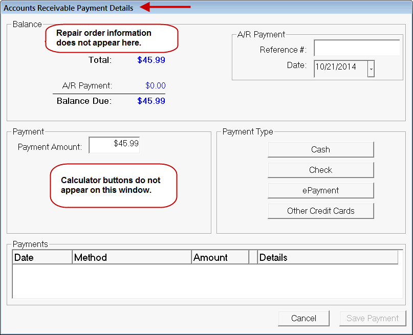 the Accounts Receivable Payment Details payment window.