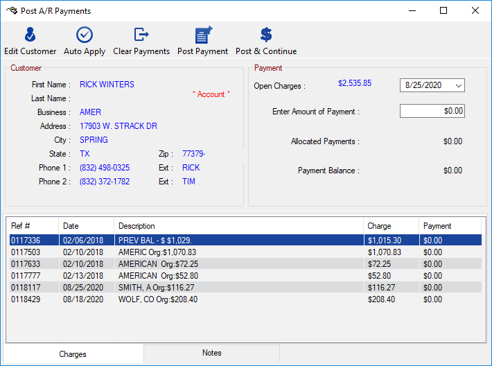 the Post A/R Payments window for one customer.