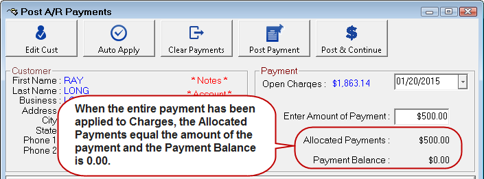 Payment Balance as 0.00 on the Post A/R Payments window.