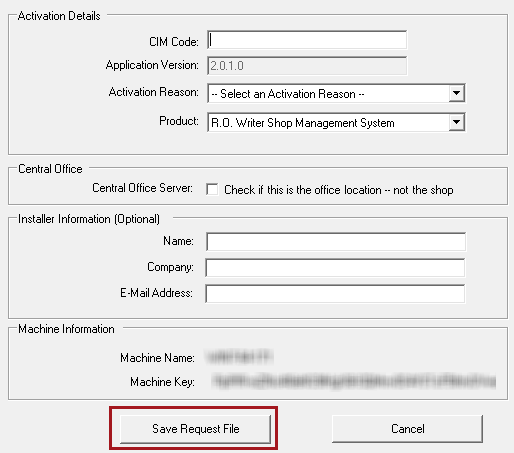 the Create Activation Request window with Save Request File circled.
