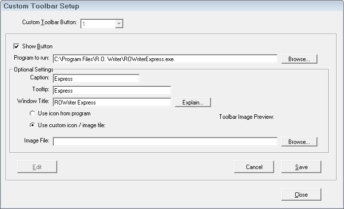 The Custom Toolbar Setup window with all entry fields active.